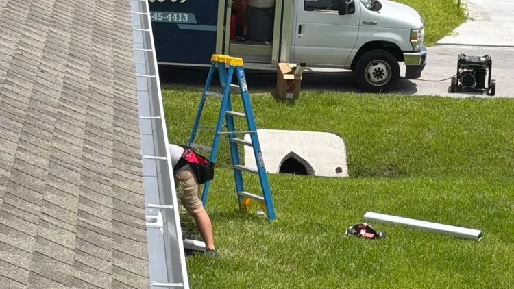 Brothers Gutters crew member working at a downspout below a new gutter with the company truck and ladder in Lehigh Acres, FL