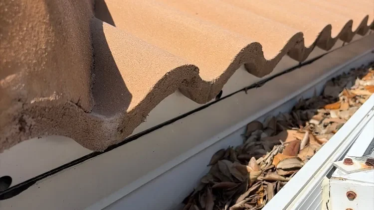 Before: gutter packed with leaves under a tile roof in Naples, FL